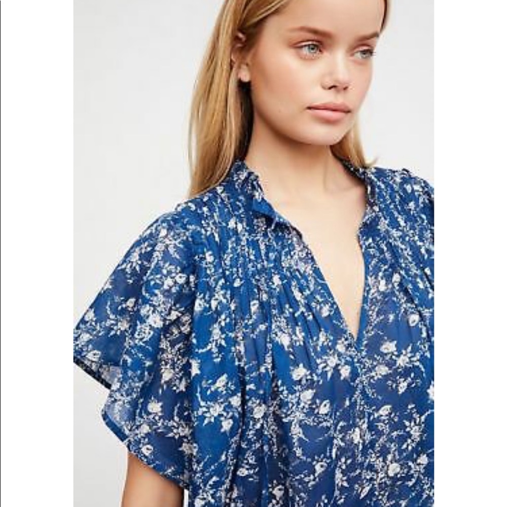 Free People Floral Blue Lace Cotton Shift Dress - Picture 2 of 7